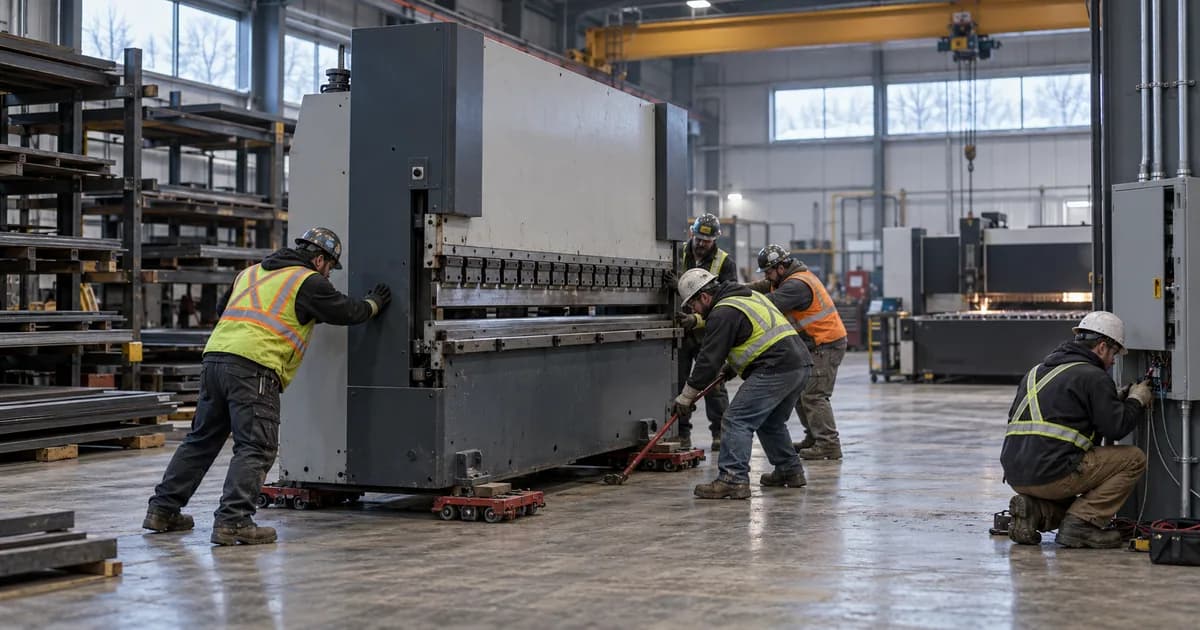 Riggers guiding a press brake on machine skates into place on a fabrication shop floor while an electrician wires a new disconnect, the install work that comes with a machine tool