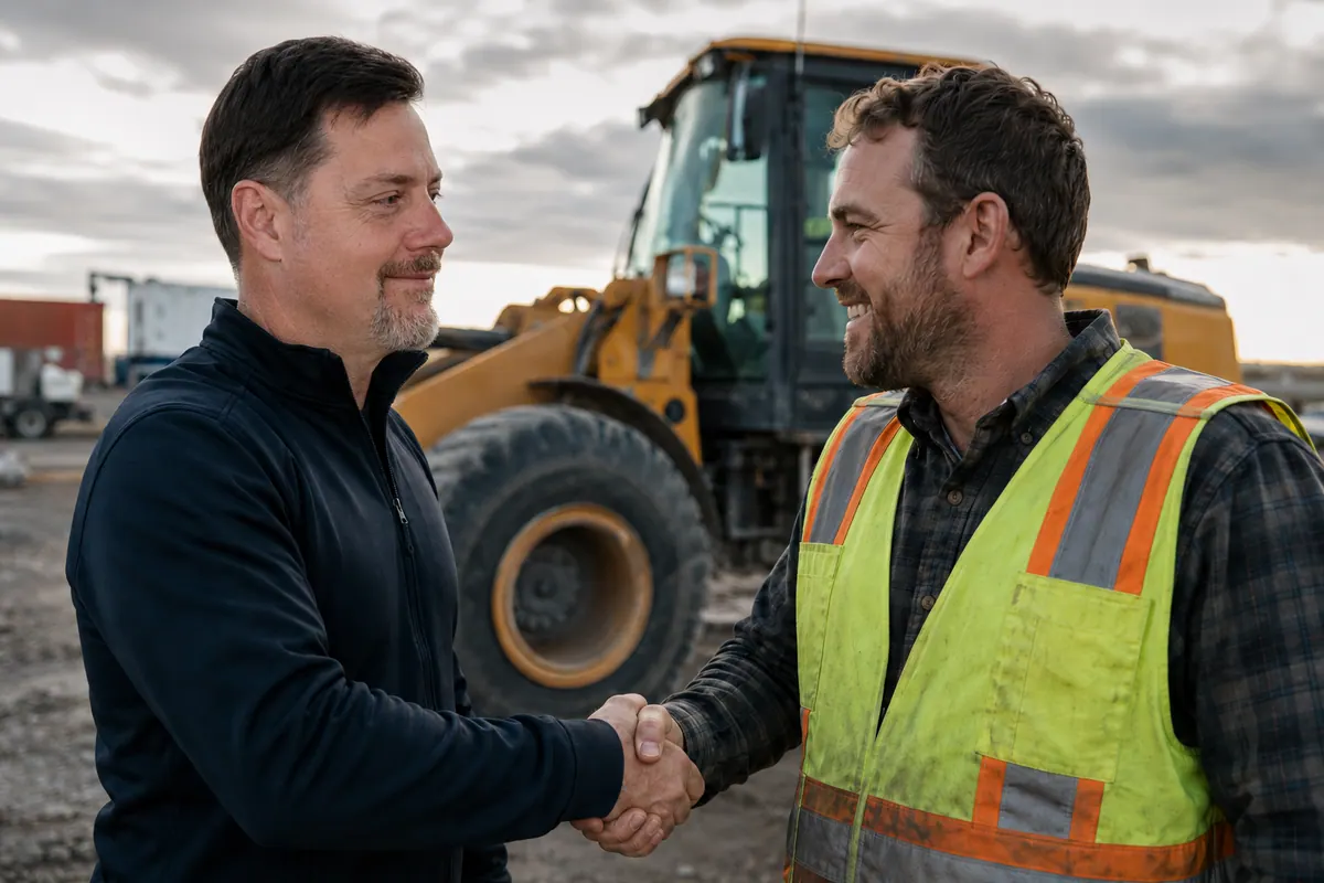Darrell Pardy shaking hands with a contractor in front of a wheel loader after arranging equipment financing