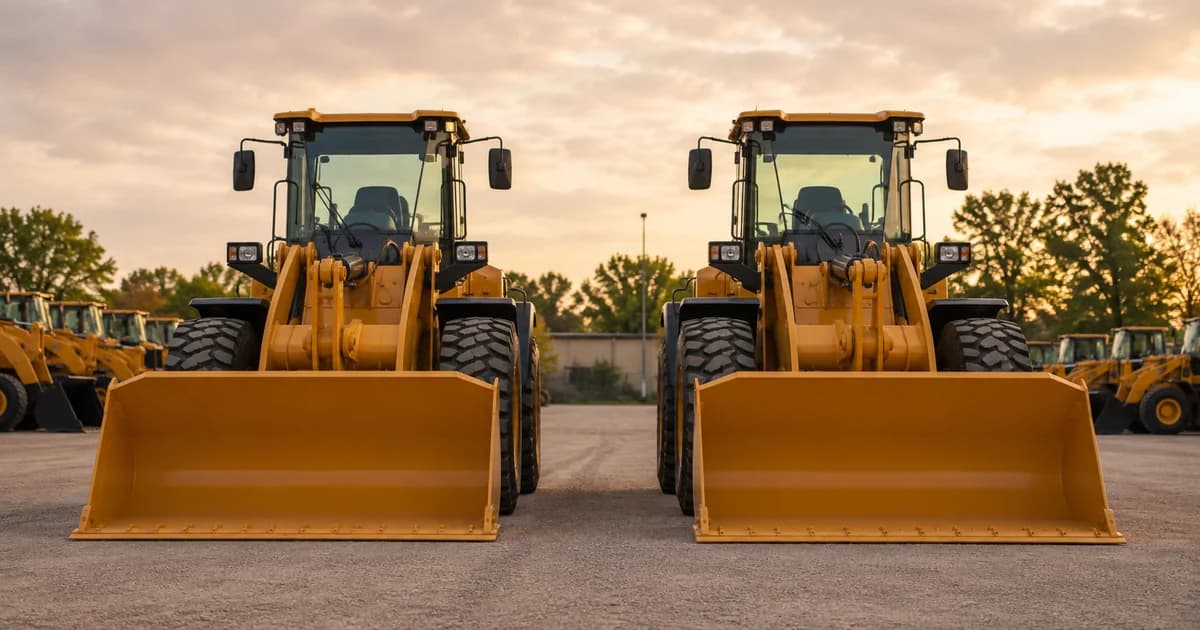 Two nearly identical wheel loaders side by side on a dealer lot at sunset — the same machine priced two different ways
