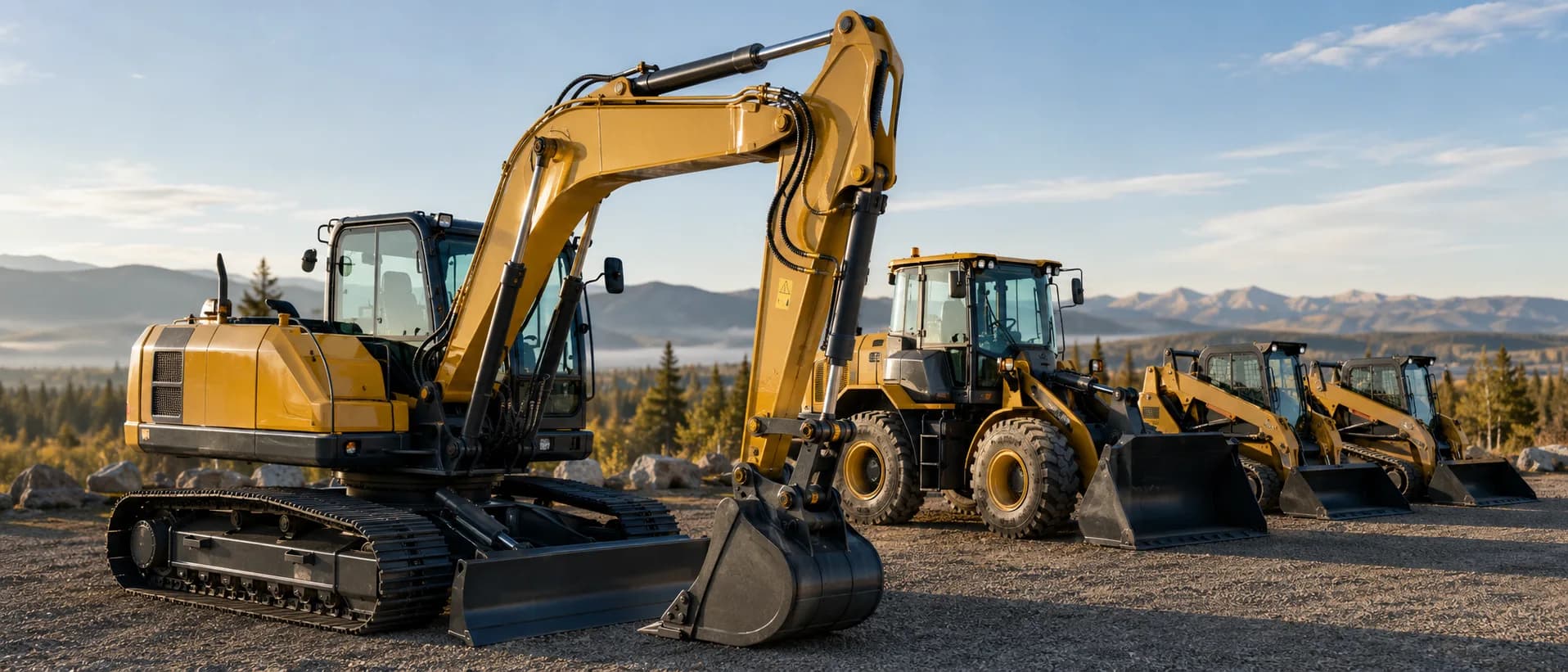 A row of clean, late-model heavy equipment on a Canadian dealer lot — the fleet a contractor leases to keep payments low and upgrade on a cycle