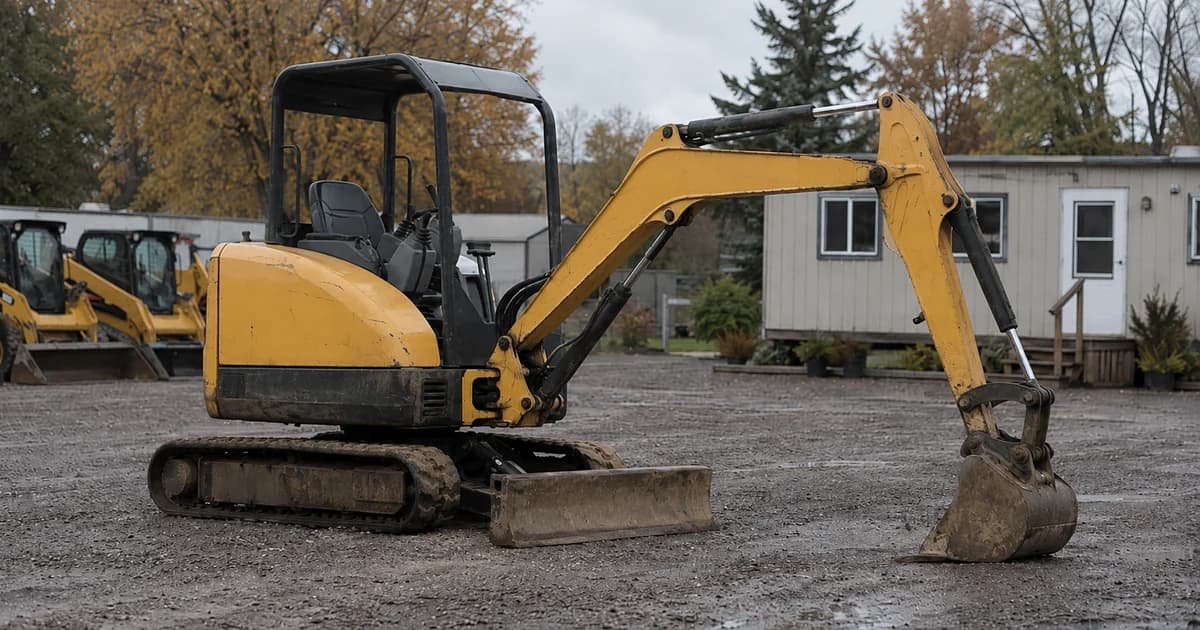 A worked mini excavator with a dozer blade on a small independent dealer lot, office trailer and skid steers behind it under an overcast sky