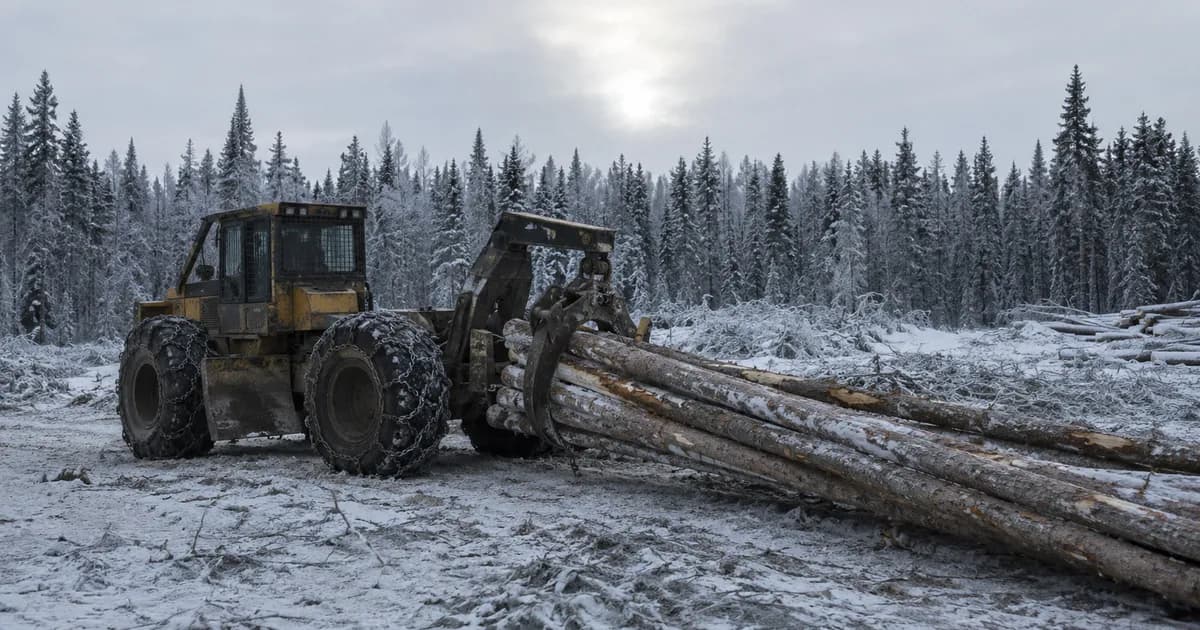 Grapple skidder dragging a hitch of tree-length logs at a snowy landing in the northern Saskatchewan boreal