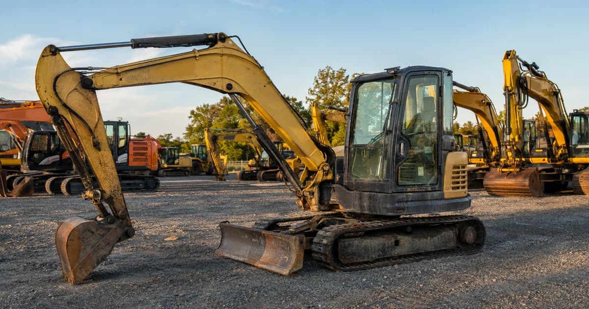 A worked midi excavator with faded paint and a dozer blade on a gravel dealer yard, newer machines lined up behind it